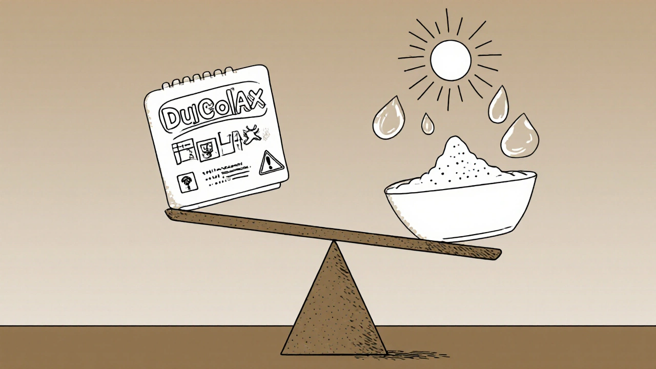 Balanced scale comparing Dulcolax and MiraLAX laxatives