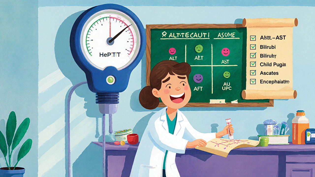 Cartoon lab tech checks aPTT, platelet count, ALT/AST, and ChildâPugh score.