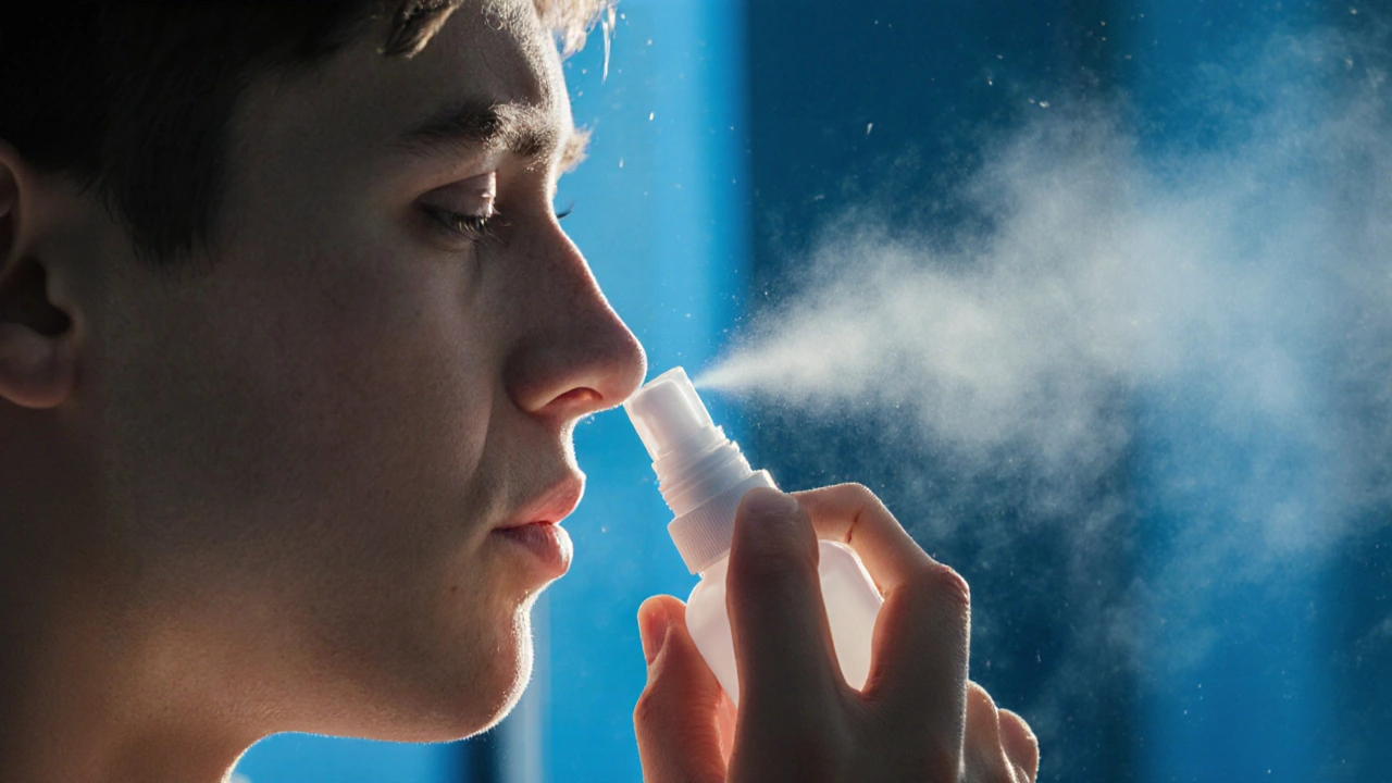 Close-up of a person tilting their head and spraying a nasal mist into a nostril.
