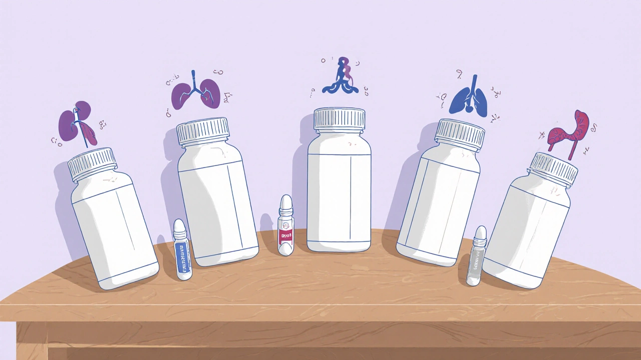 Desk with six pill bottles representing different immunosuppressants, each with organ icons.