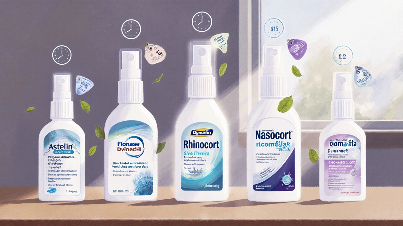 Doctor&#039;s desk with six nasal spray bottles, each with icons for onset, duration, price, and side effects.