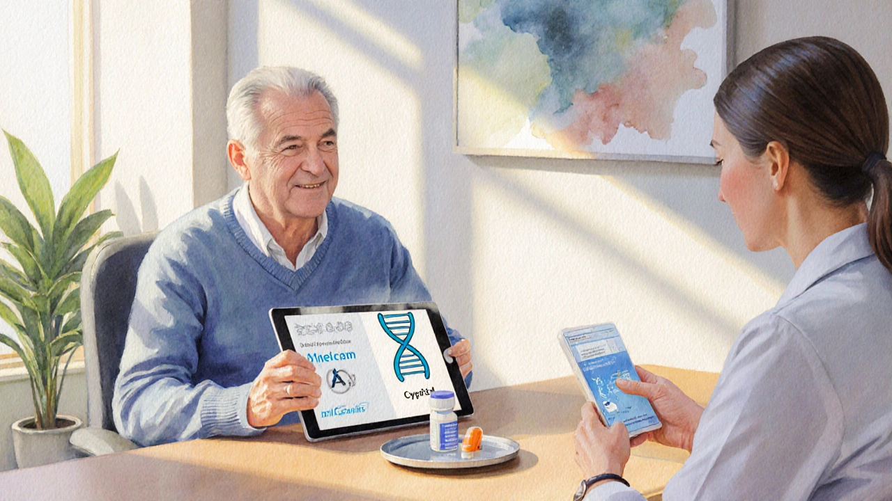 Doctor and patient discussing treatment with a genetic helix graphic and medication bottles.