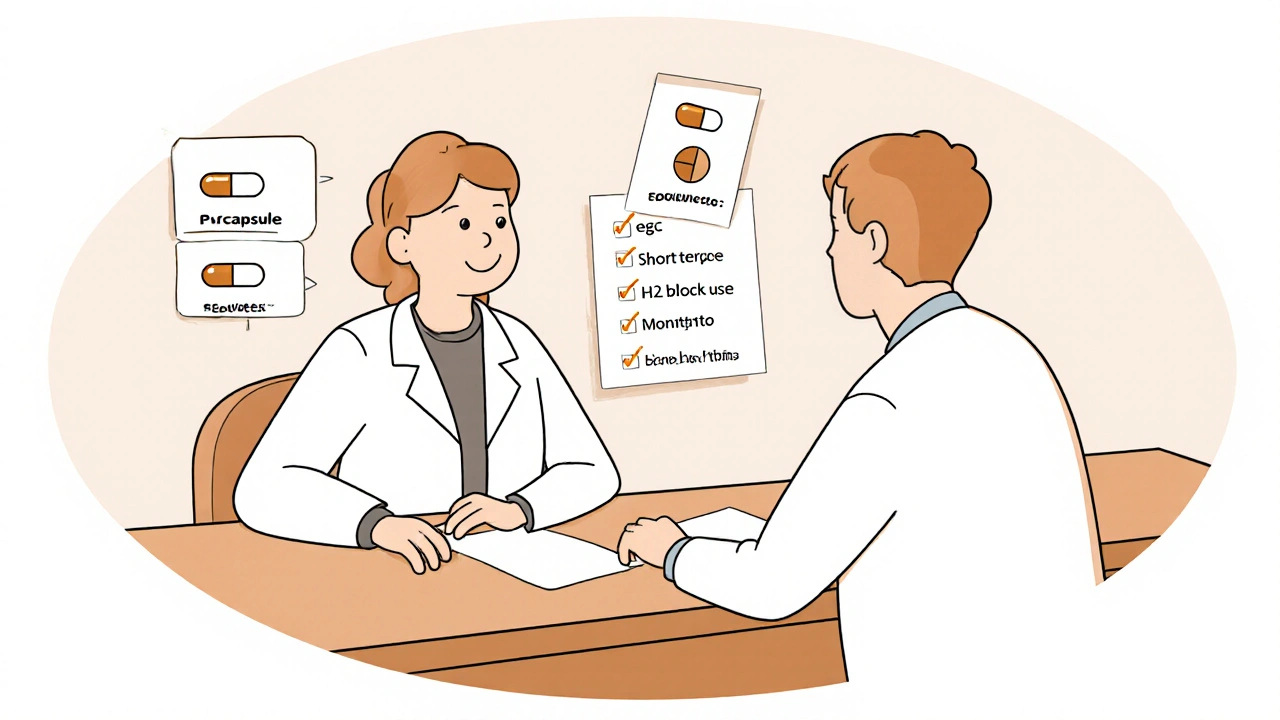 Doctor and patient reviewing prescription pills and safety checklist.