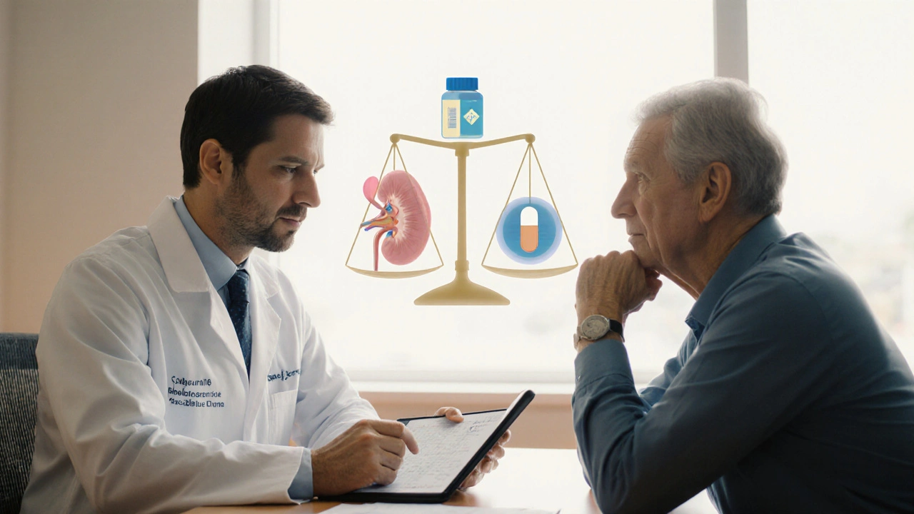 Doctor and transplant patient discussing medication options, with a subtle balance scale overlay.