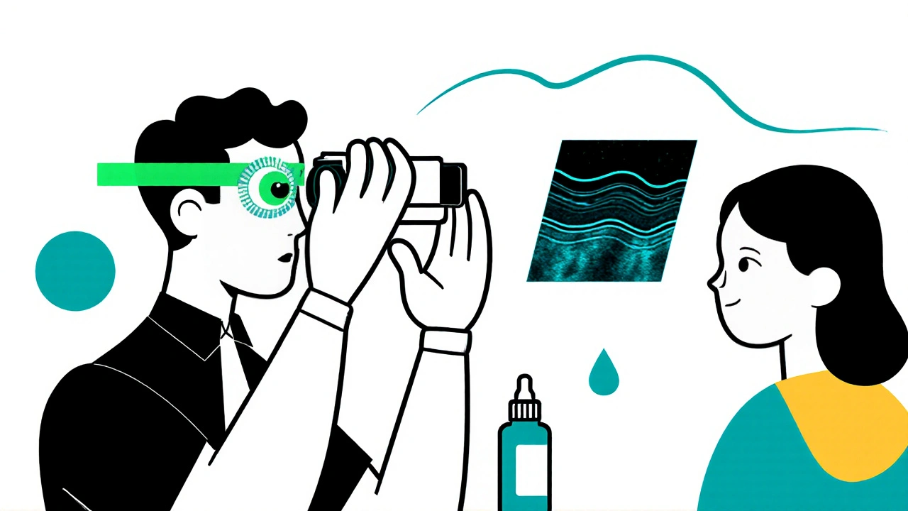Doctor examining an eye with a slit‑lamp, fluorescein stain, and OCT scan.