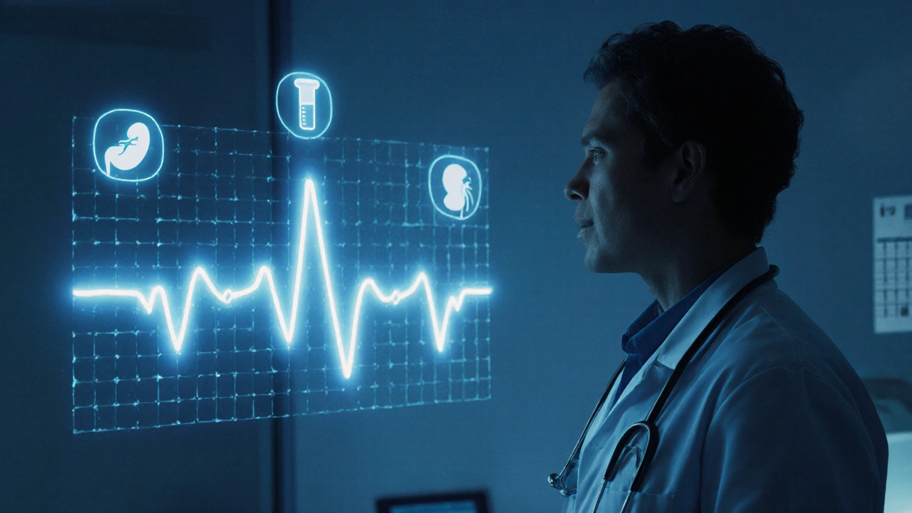 Doctor reviewing holographic ECG and lab icons, highlighting monitoring.