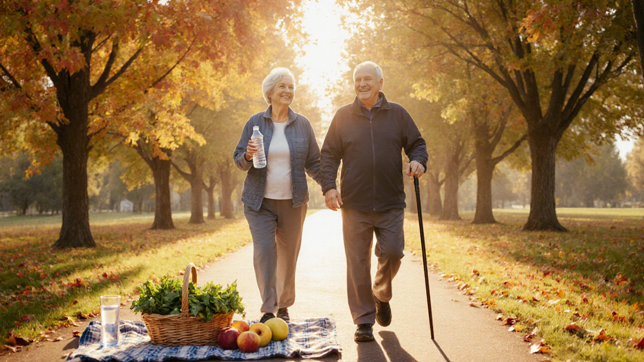 Elderly couple walking in a park, carrying healthy foods, portraying post‑cure vitality.