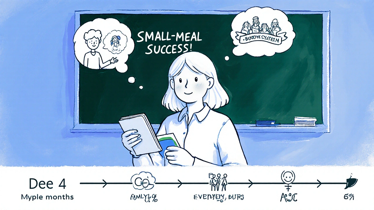 Emma the teacher standing with a diary, therapist bubble, and supportive peer group.