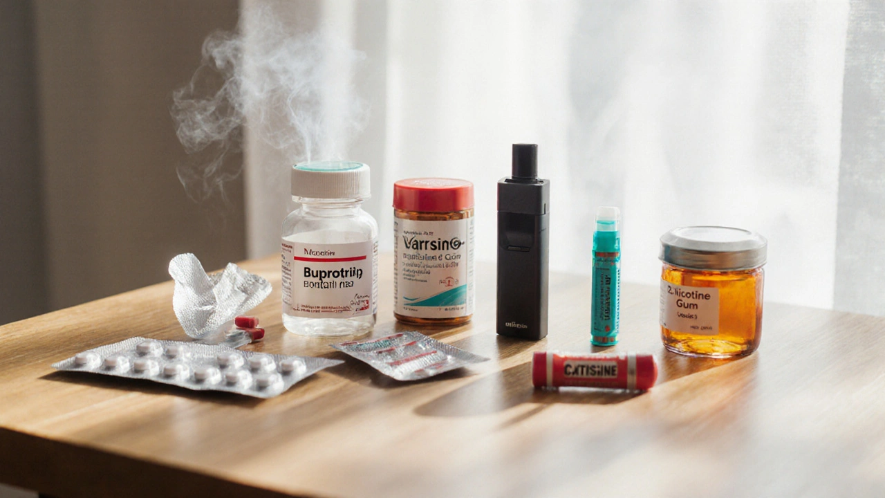 Flat‑lay of various smoking‑cessation products including pills, patch, gum, inhaler, lozenge, cytisine, and e‑cigarette.