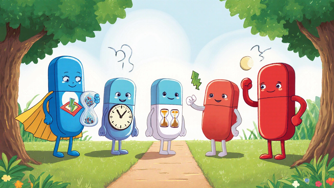 Four medication characters on a park path showing dosing frequency, side‑effects, and benefits.