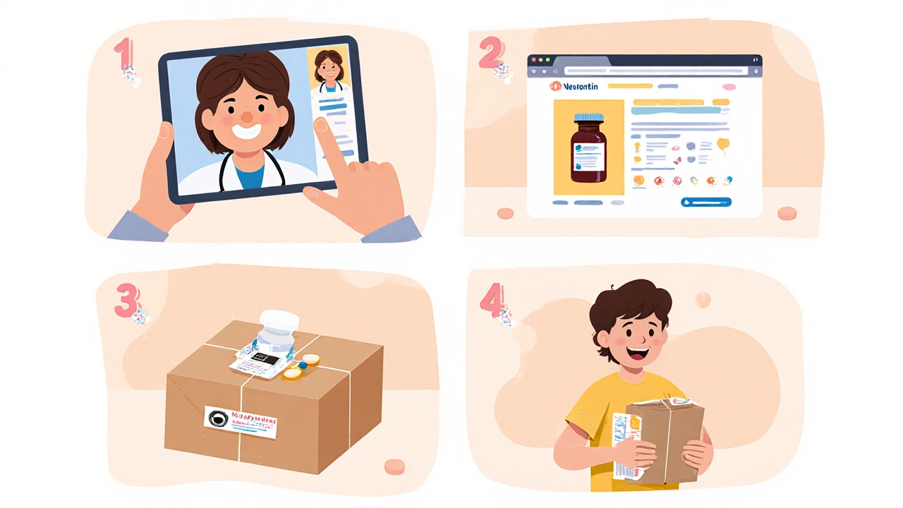 Four‑panel cartoon showing video doctor, online purchase, parcel, and happy recipient inspecting pills.