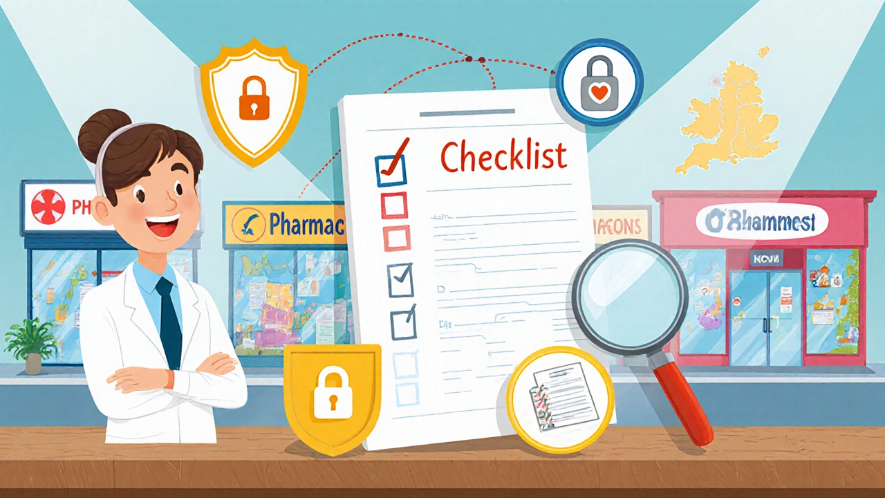 Friendly pharmacist with checklist beside three cartoon pharmacy storefronts and UK map.