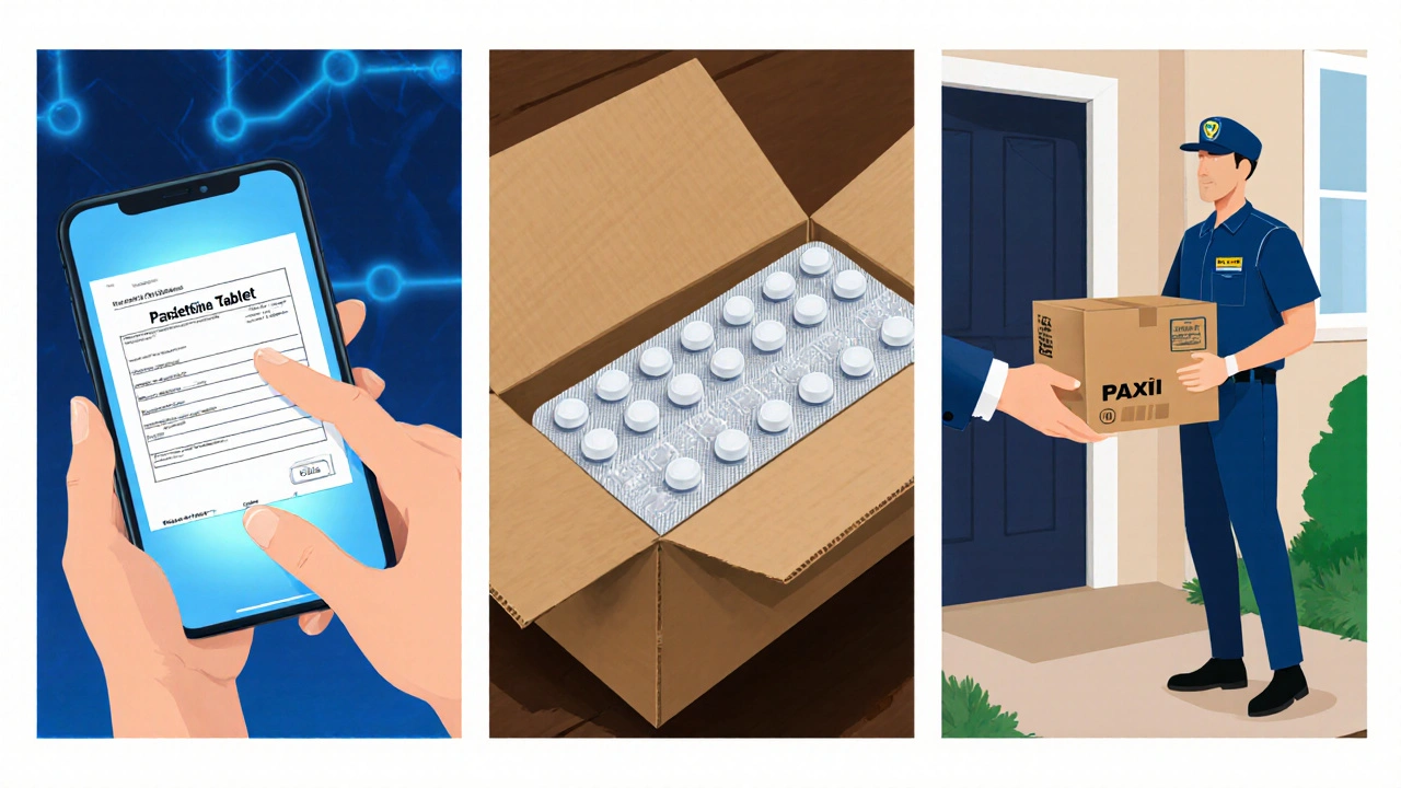 Hand uploads a prescription, then a bottle of generic Paxil tablets, followed by a courier delivering the package.