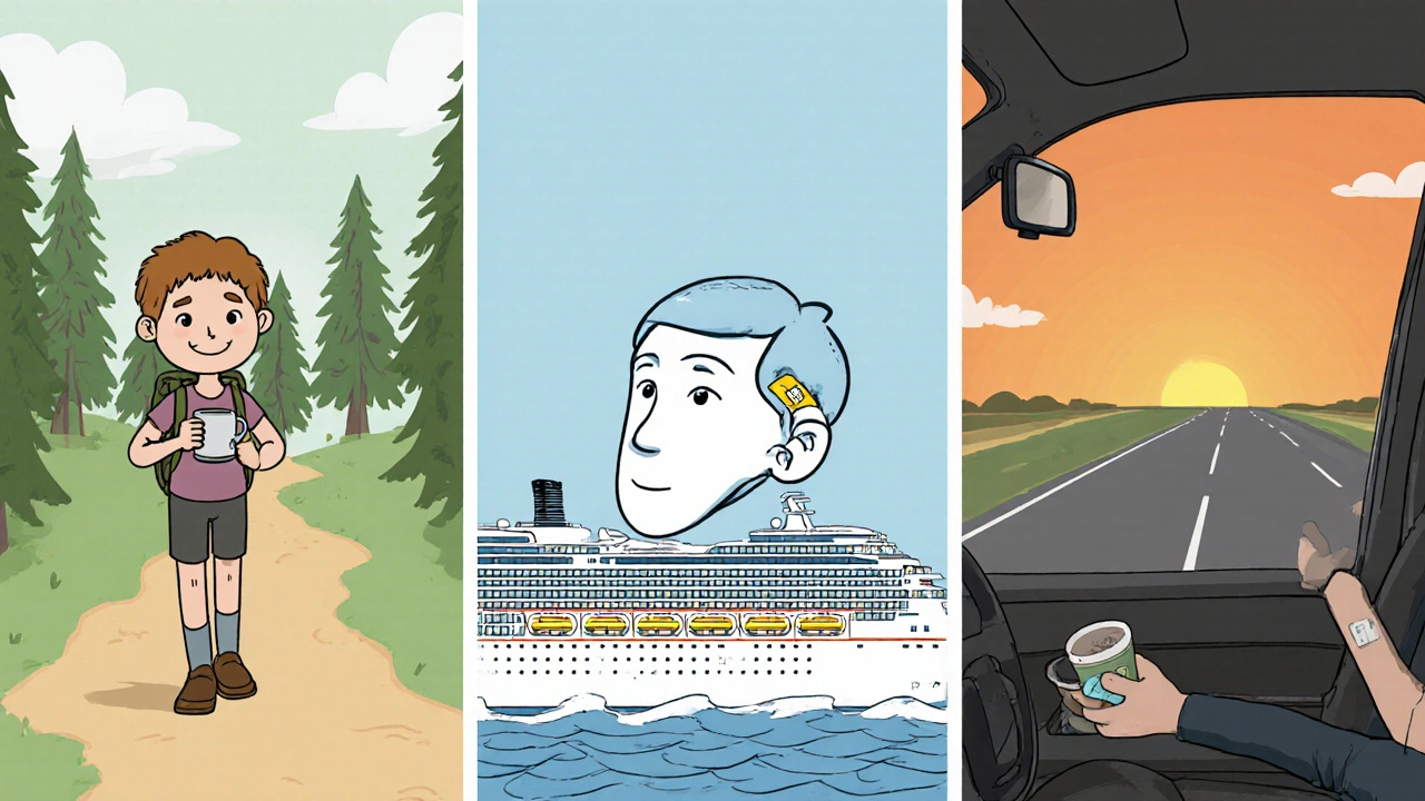 Hiker drinking ginger tea, cruise passenger with scopolamine patch, and driver taking Meclizine.