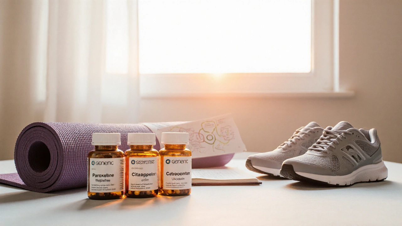 Medication bottles beside yoga mat, notebook, and running shoes, symbolizing holistic mental health care.