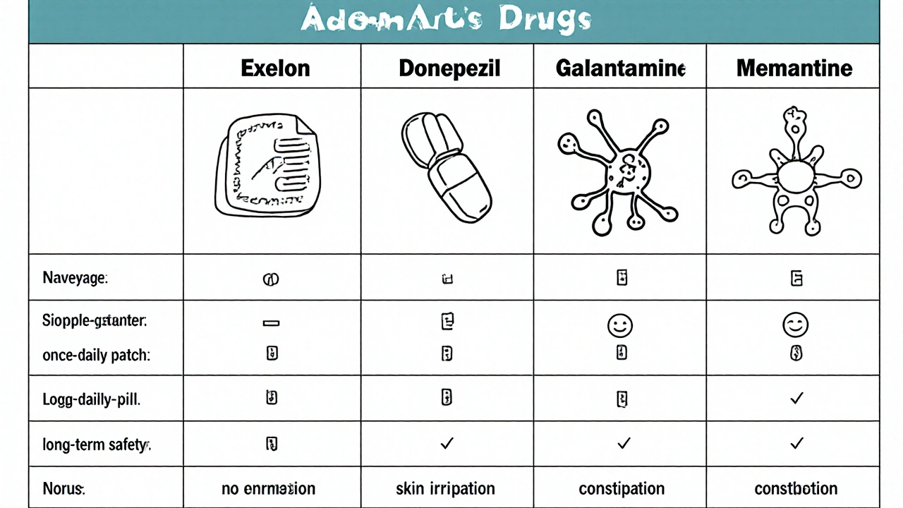 Monoline comparison of Exelon, Donepezil, Galantamine, Memantine with icons and side‑effects.