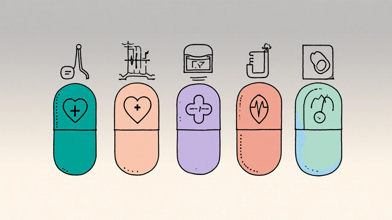 Monoline line‑up of six calcium channel blocker pills each with an icon of its main effect.