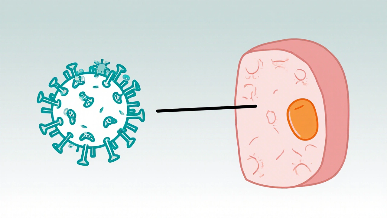 Monoline scene of a flu virus blocked by Tamiflu binding to neuraminidase on a cell.