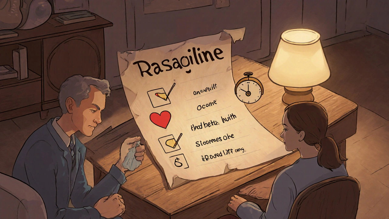 Neurologist and patient reviewing a checklist of medication icons in a cozy living room.