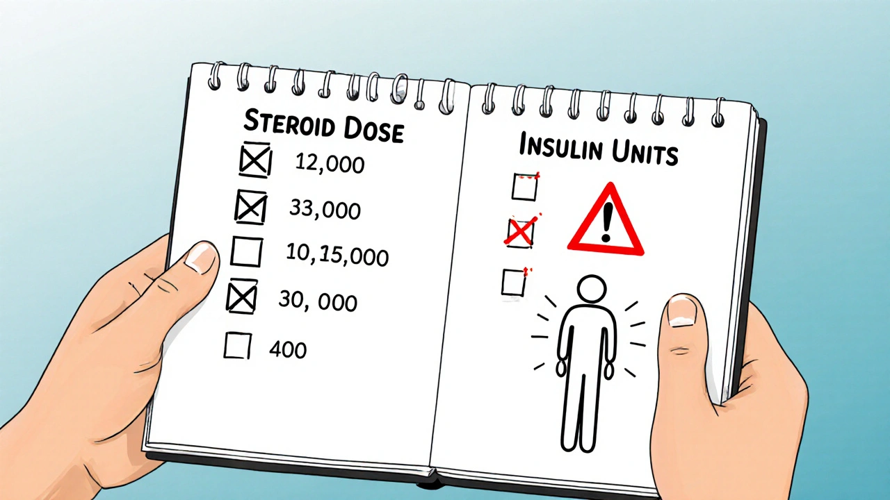Notebook tracking steroid dose and insulin adjustments during tapering.