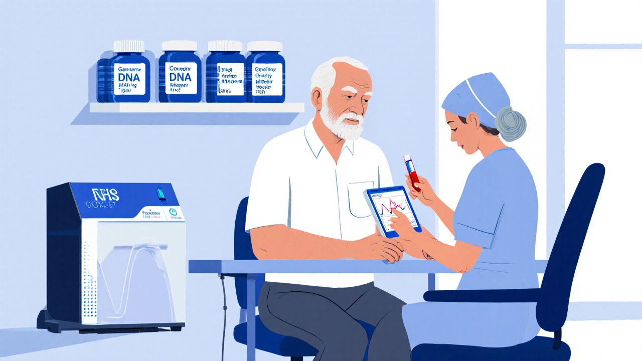 Older man getting blood draw while doctor reviews PCR results in a clinic.