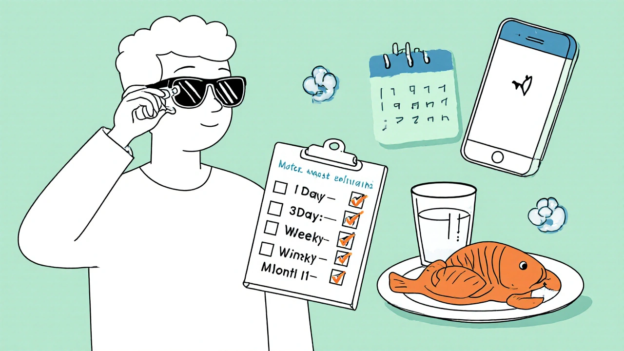 Patient applying eye drops, wearing sunglasses, and checking a post‑op checklist.