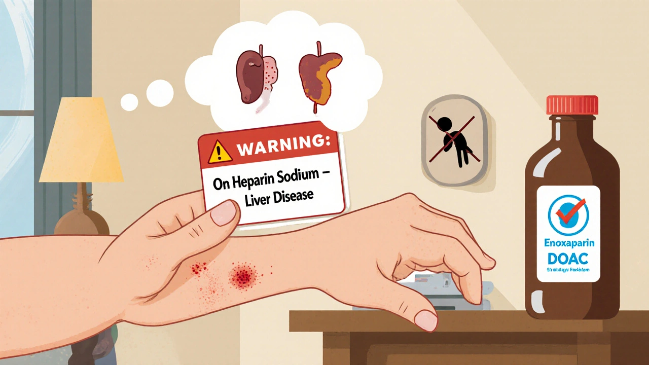 Patient at home notices bruises, holds alert card, sees alternative medication options.