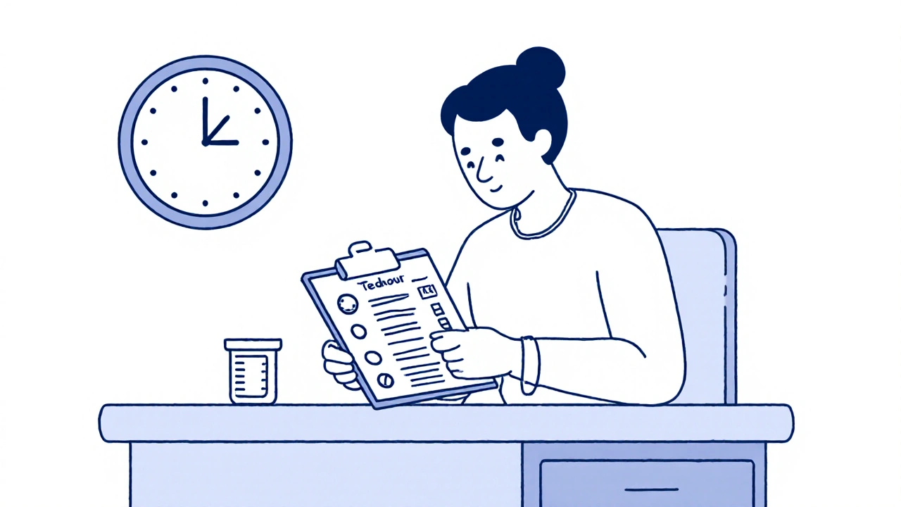 Patient reviewing meds checklist with clock, water glass, and lab test tube.