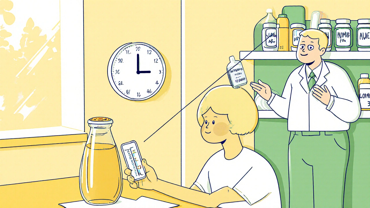 Person checking kombucha with an alcoholmeter, clock, and pharmacist in the background.
