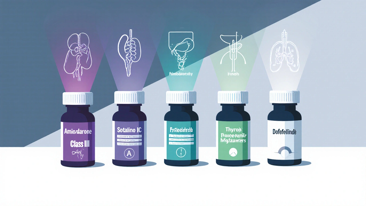 Row of anti‑arrhythmic medication bottles with colored auras and organ effect icons.