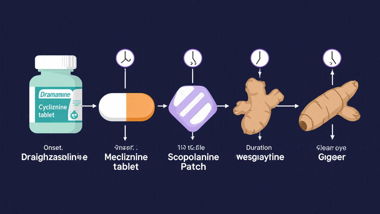 Row of icons showing Dramamine, Meclizine, Cyclizine, scopolamine patch, and ginger with onset and duration arrows.
