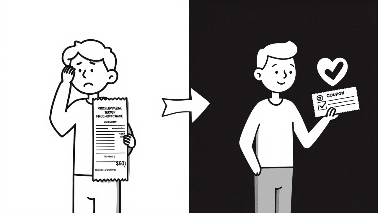 Side-by-side scene showing financial stress vs. relief when buying prochlorperazine with a coupon.
