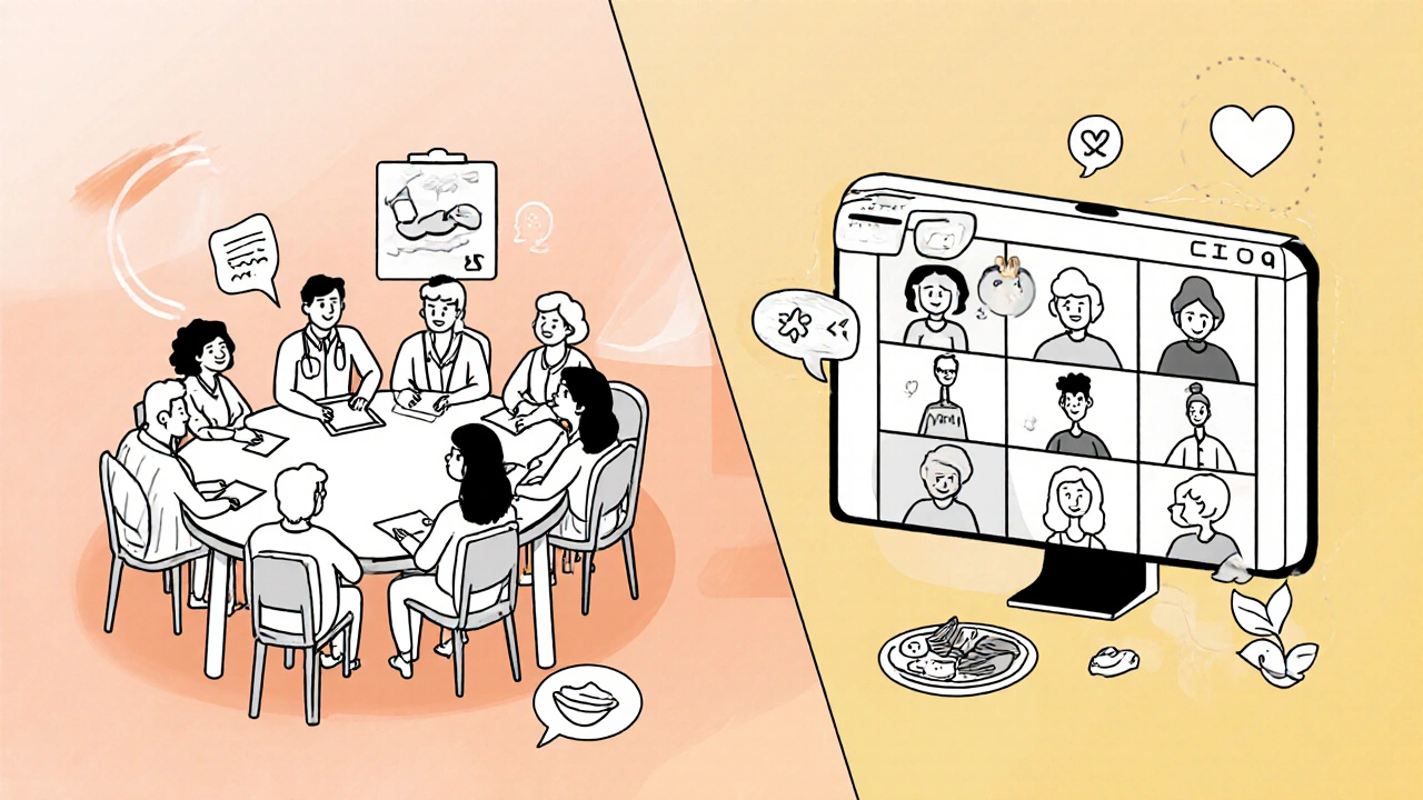 Split scene of an in‑person support group meeting and an online video call.