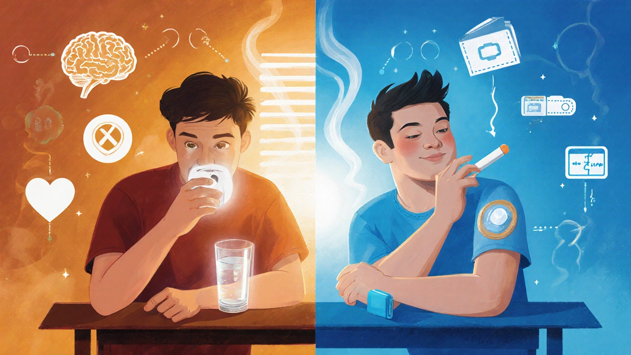 Split‑screen shows one person taking Varnitrip pill, another using nicotine patch and gum, with icons for health and cost.