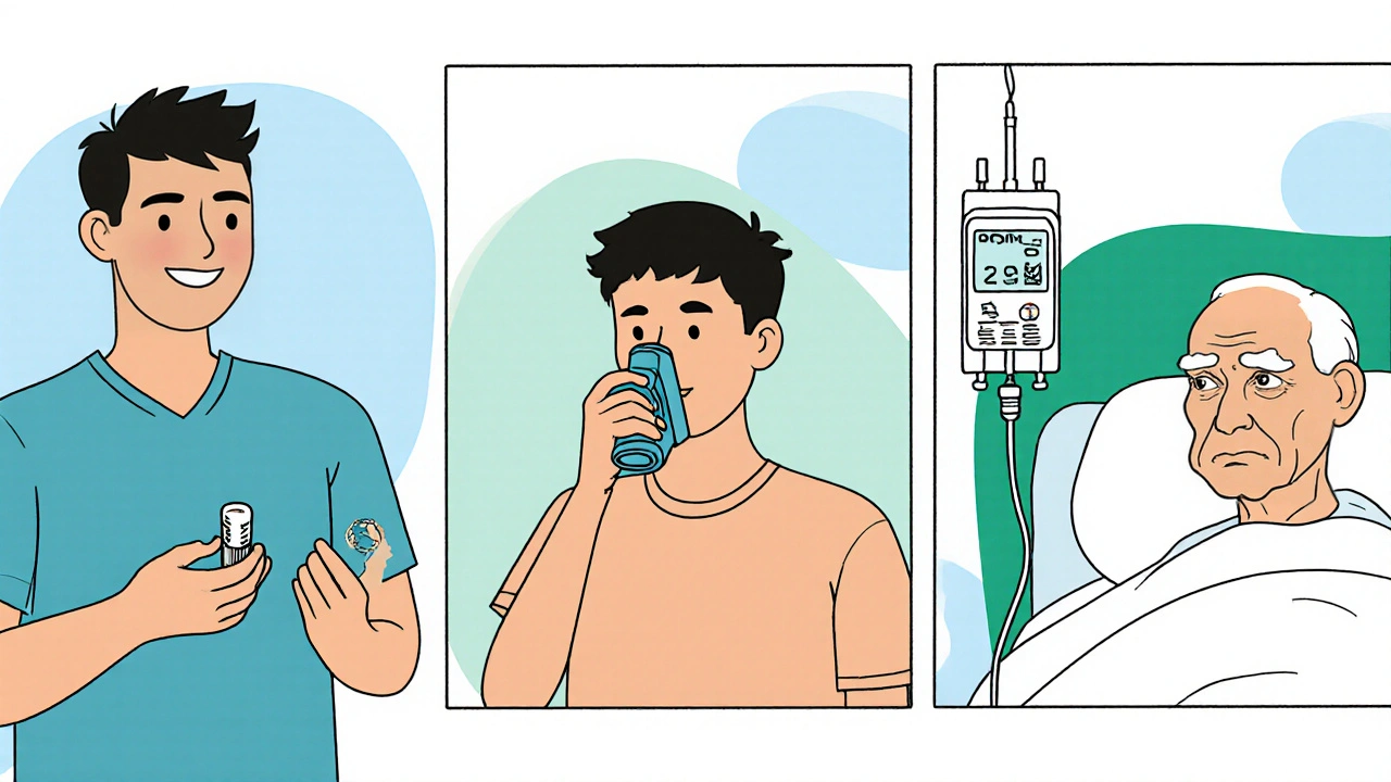 Three panels showing an adult with a pill, a teen using an inhaler, and an elderly patient on IV.