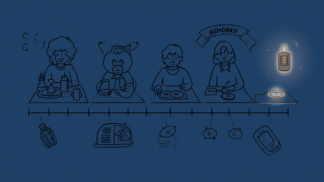 Timeline showing increased insulin at breakfast and lunch, decreasing steroid dose above.