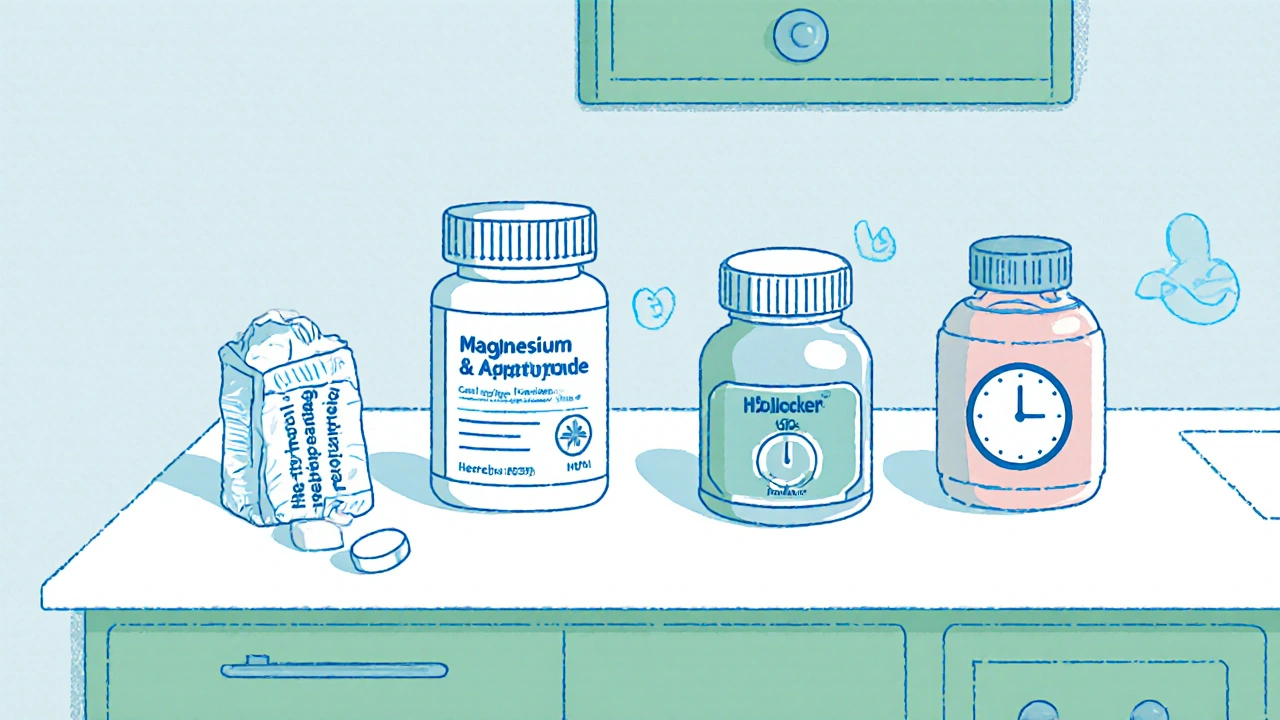 Top‑down view of OTC heartburn meds with icons showing their functions.