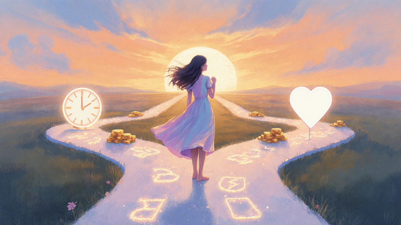 Woman at a crossroads with paths representing timing, cost, and safety.