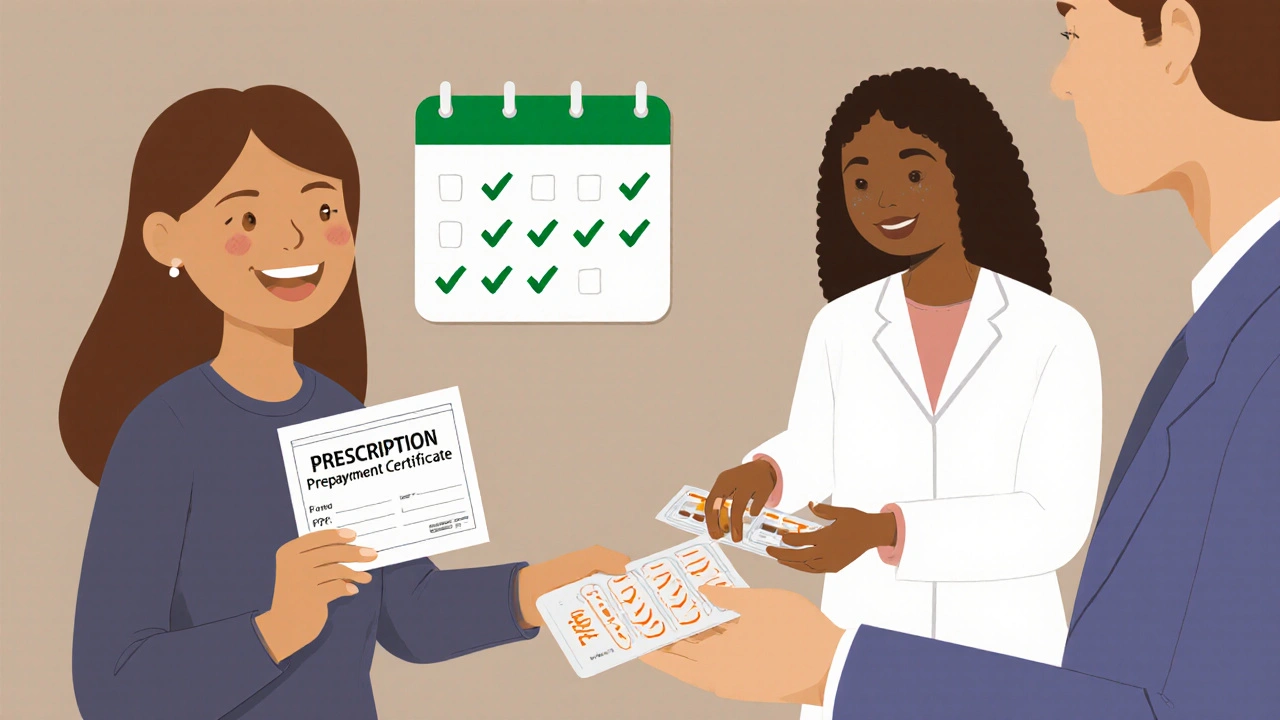 Woman receiving free medication from a pharmacist while holding a prescription prepayment certificate.