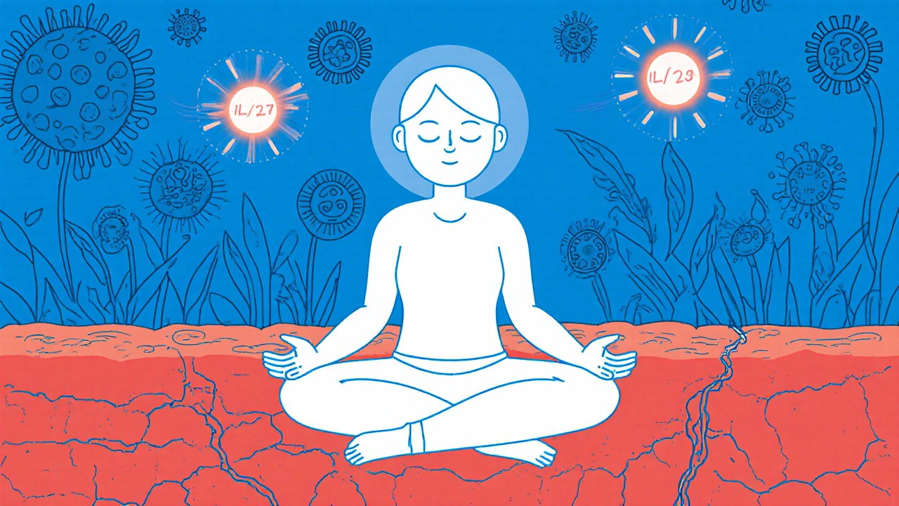 A calm person meditating with a peaceful immune system illustrated as a garden, repairing skin damage with ceramide threads.