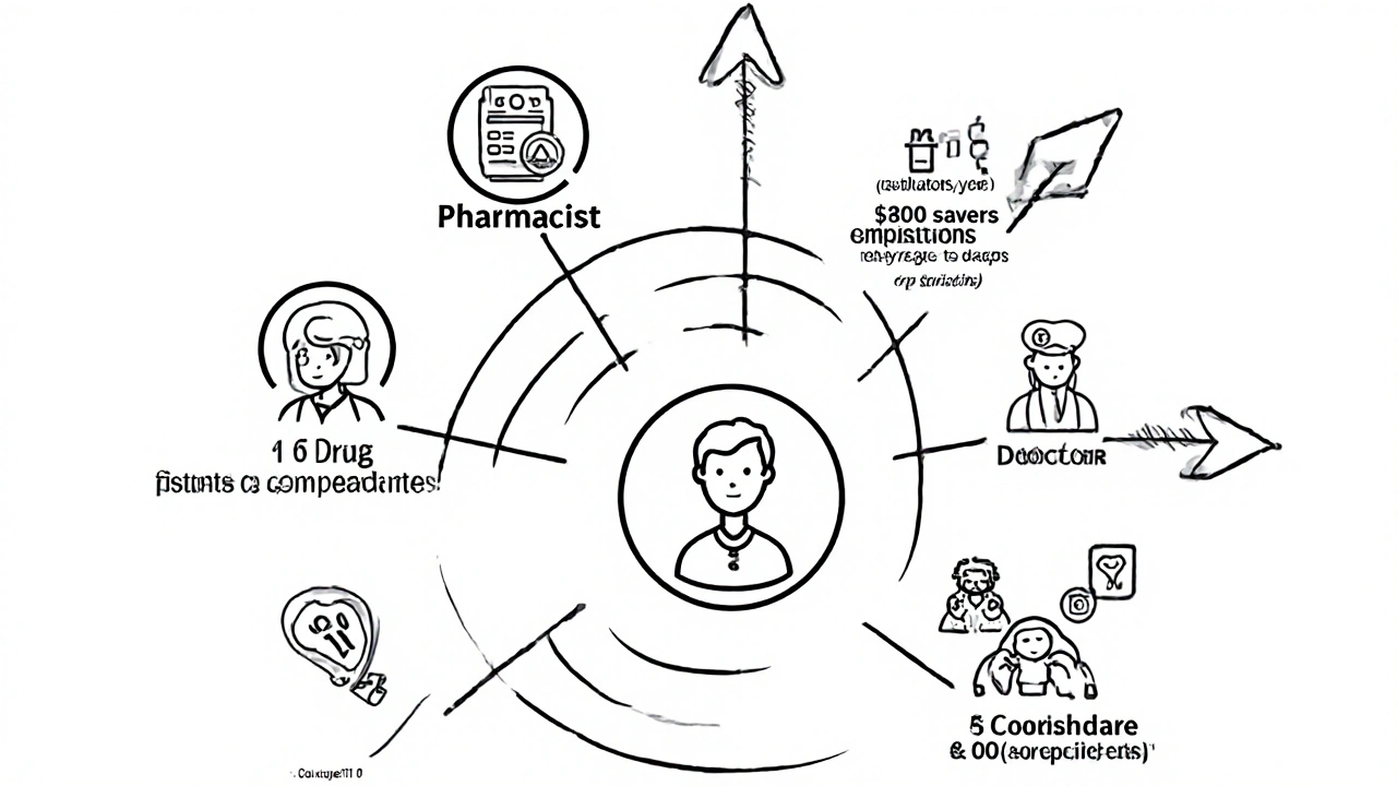 A monoline diagram of a medication care team with roles and savings outcomes connected by clean lines.