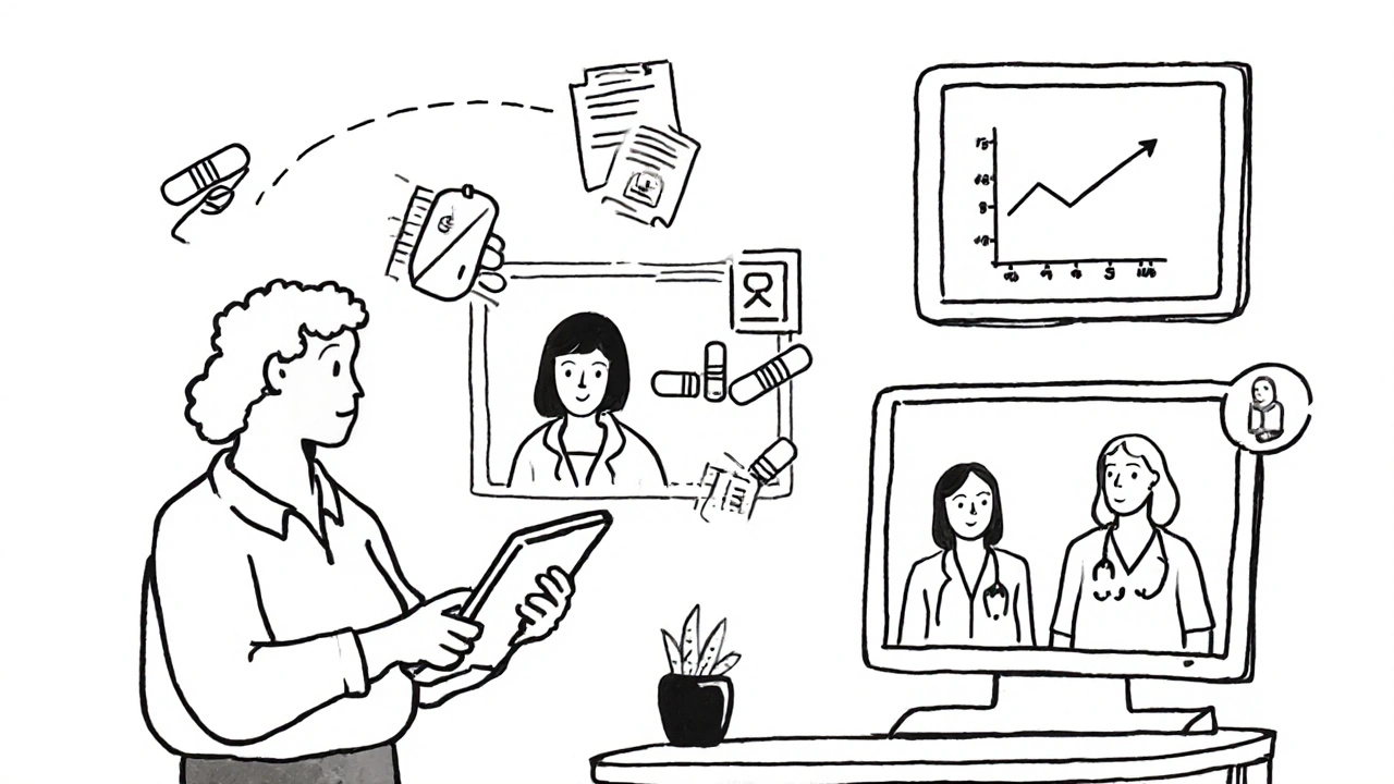 A patient video-conferencing with a pharmacist while remote healthcare providers monitor the interaction.
