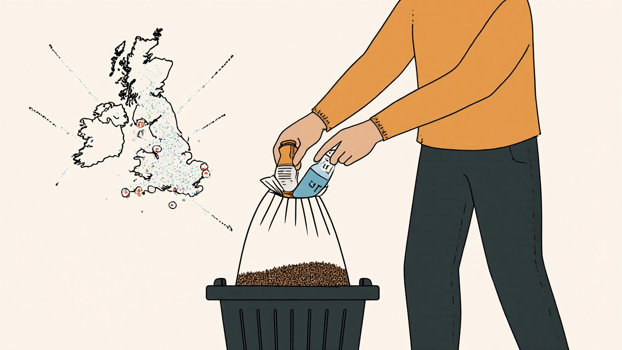 A person prepares medication for safe disposal by mixing it with coffee grounds and placing it in the trash.