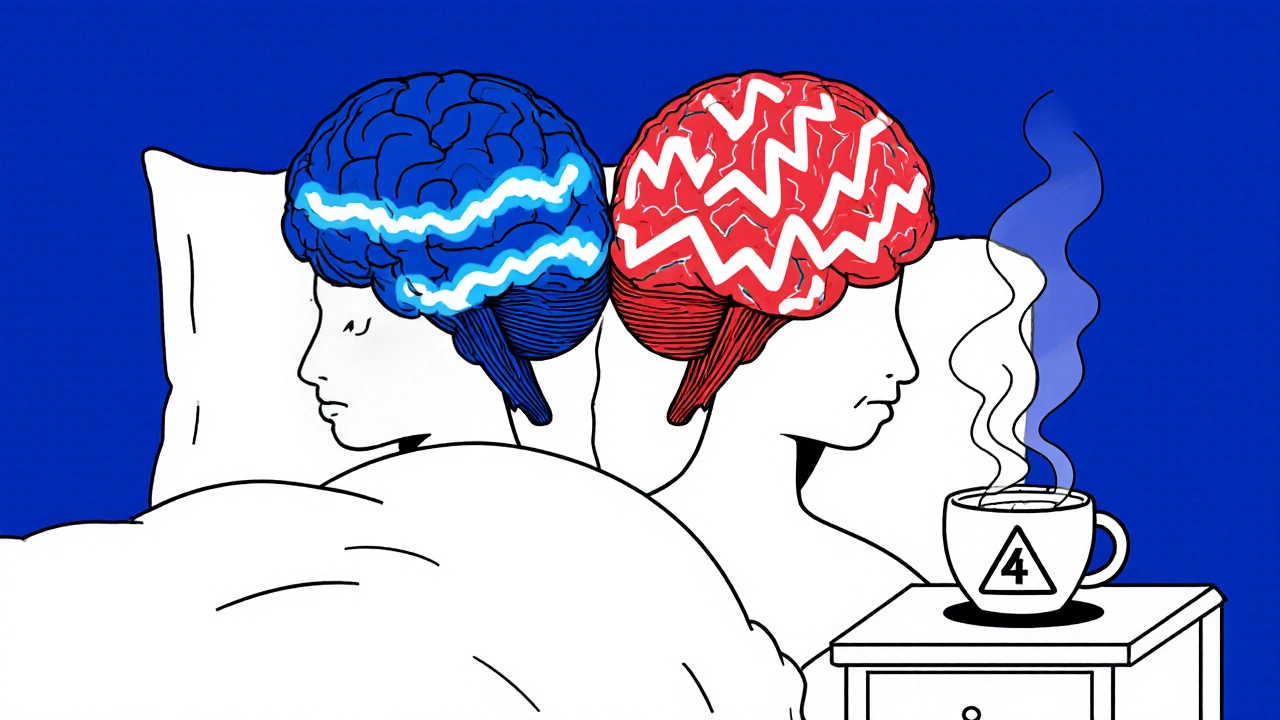 A person sleeping at night with their brain showing calm sleep on one side and caffeine interference on the other, with a 4 p.m. coffee cup on the nightstand.