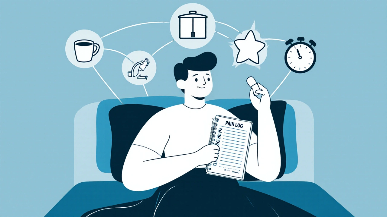 A person tracking pain with a notebook, surrounded by icons of cost, weight, dizziness, and dosing schedule.