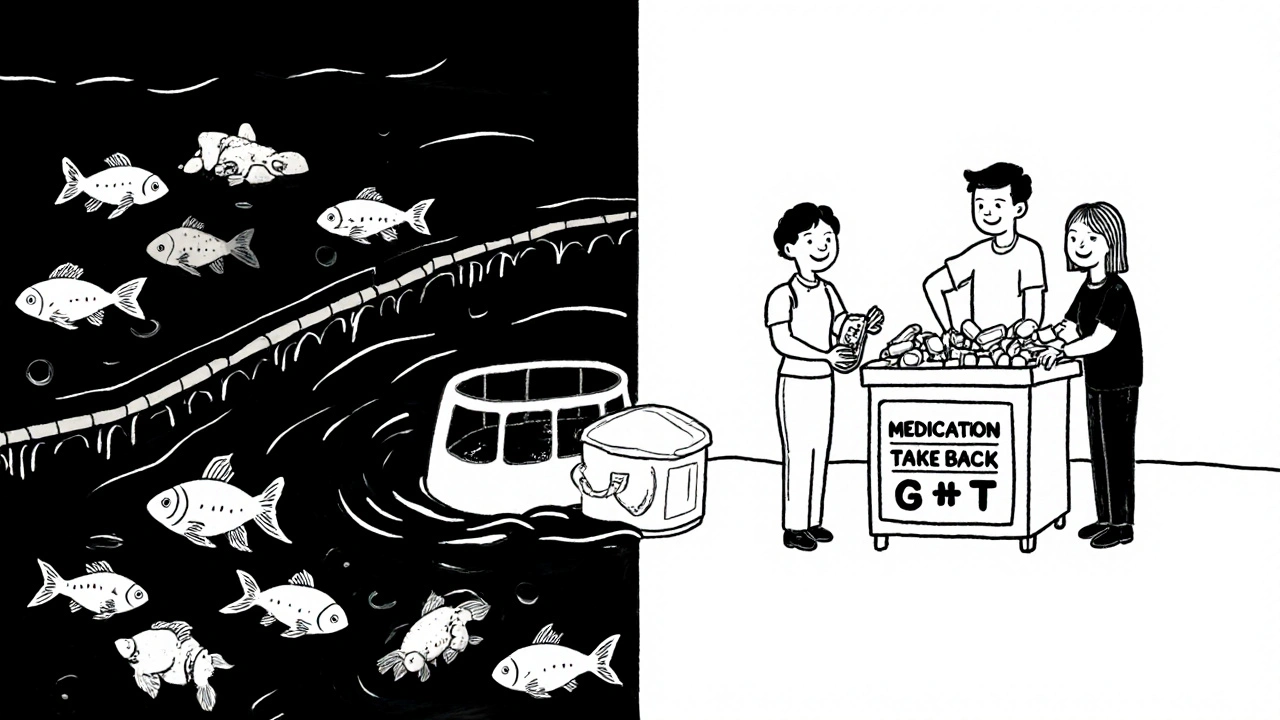 A split scene contrasts polluted water with a community pharmacy take-back bin, showing environmental harm and solution.