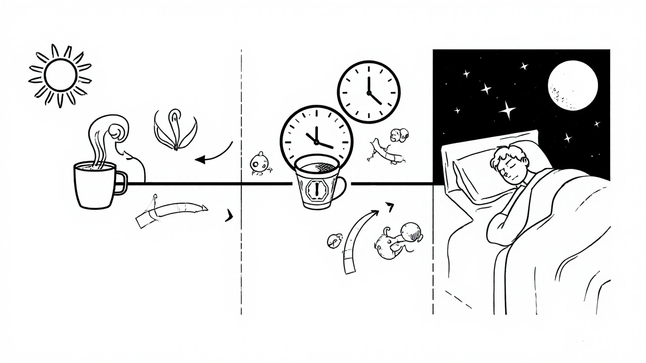 A timeline from morning to night showing coffee consumption and caffeine dissolving over time, ending in peaceful sleep.