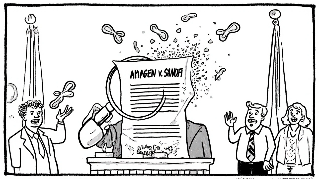 Courtroom scene with a judge examining a patent that dissolves into dust, surrounded by generic drug makers.