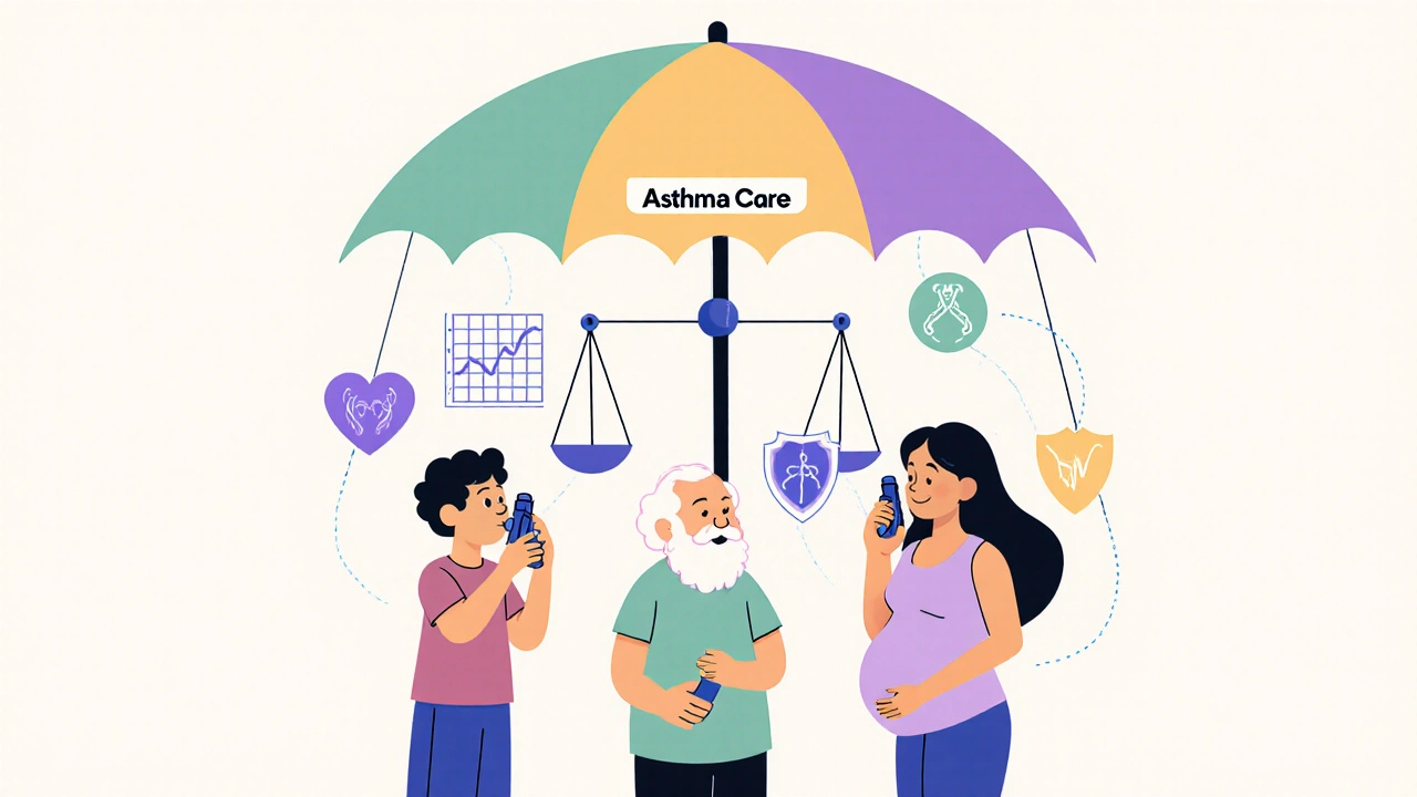 Diverse individuals using inhalers safely under asthma care umbrella