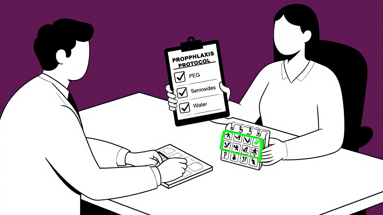 Doctor and patient reviewing prophylaxis plan for medication-induced constipation, monoline illustration.